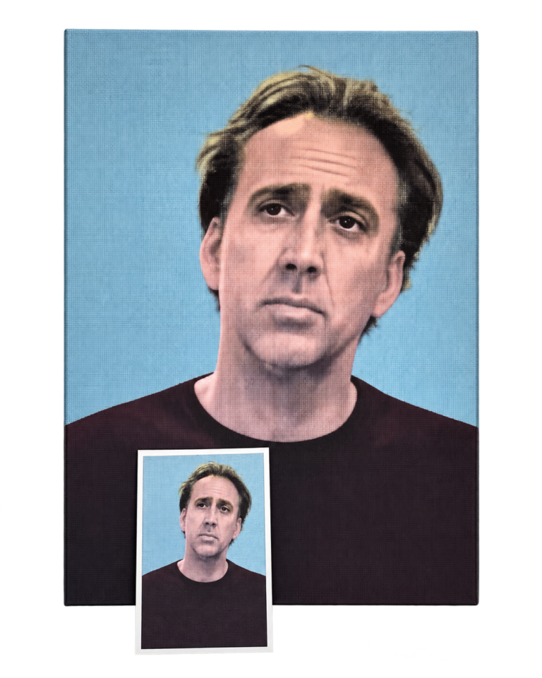 Nicolas Cage mugshot artwork by Rachel Schmeidler from the Hollywood Most Wanted series.