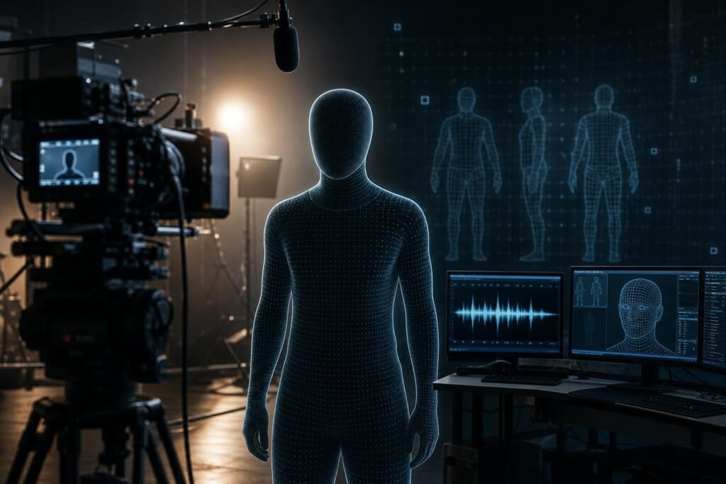 Editorial illustration for AI-generated performers and the changing Hollywood entertainment industry