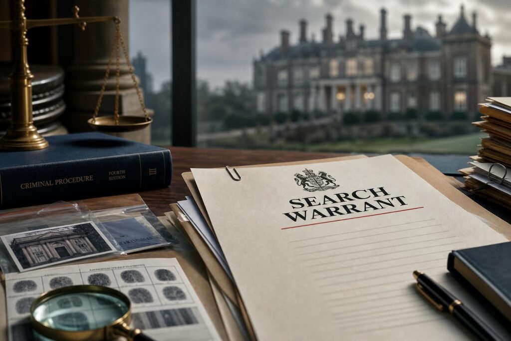 Editorial illustration for Andrew Mountbatten-Windsor Challenges Search Warrants