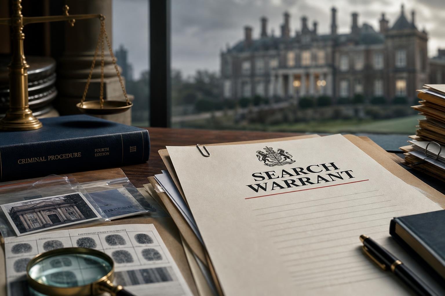 Editorial illustration for Andrew Mountbatten-Windsor Challenges Search Warrants