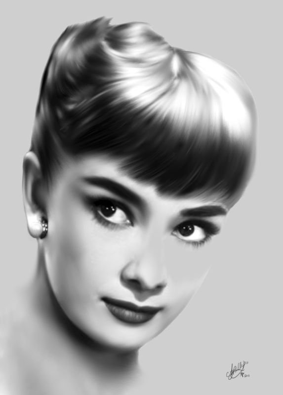 Hollywood portraits in the age of AI: what makes an artist's interpretation original 1 Charcoal-and-chalk drawing of Audrey Hepburn, shown in a close-up portrait.
